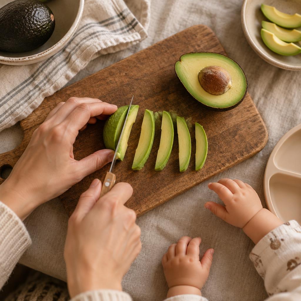 Manos de un padre cortando aguacate en trozos seguros sobre tela de arena